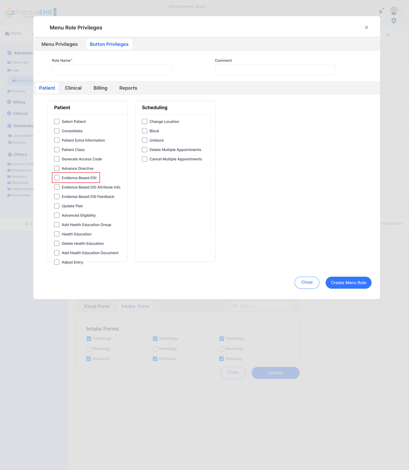 Menu Role privileges for EBDSI access